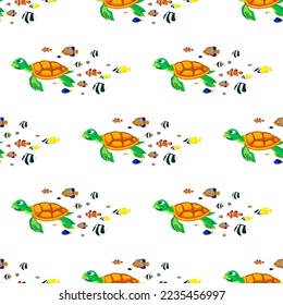 sea turtle and fishes, seamless pattern, vector illustration