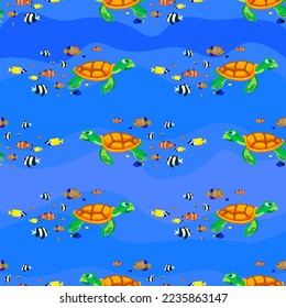 sea turtle and fishes, seamless pattern, vector illustration