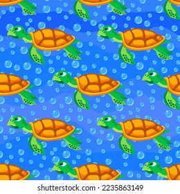 sea turtle and fishes, seamless pattern, vector illustration