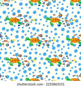 sea turtle and fishes, seamless pattern, vector illustration