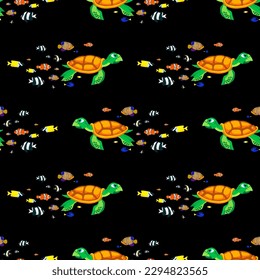 sea turtle and fishes, seamless pattern, vector illustration
