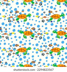 sea turtle and fishes, seamless pattern, vector illustration