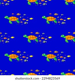 sea turtle and fishes, seamless pattern, vector illustration