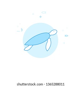 Sea Turtle Flat Vector Icon. Marine Life, Underwater World, Sea Creature Illustration. Light Flat Style. Blue Monochrome Design. Editable Stroke. Adjust Line Weight.