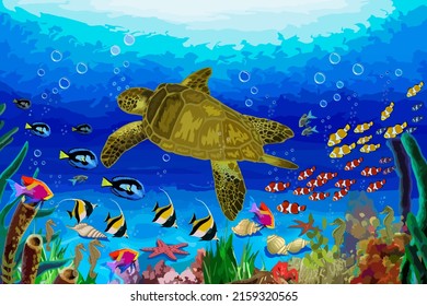 Sea turtle and flocks of fish.Color vector illustration of flora and fauna of the underwater world.