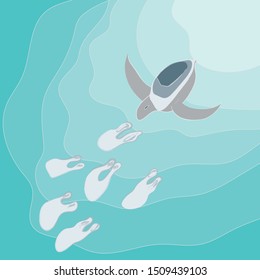 Sea turtle following plastic bags to eat, plastic pollution concept, vector illustration