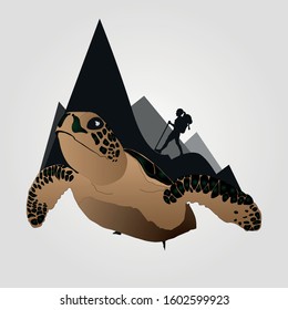 Sea turtle with girl. Realistic, artistic, colored drawing of a sea turtle. new concept  GIRLS CAN MOVE MOUNTAINS. 