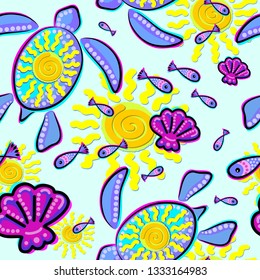 Sea Turtle Glitch and Sun Seamless Pattern Vector Design