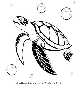 Sea Turtle graphic drawing. Turtle marine with bubbles minimalist and simple silhouette design. Animal vector illustration on white background.