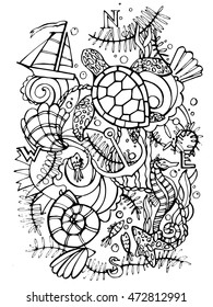 Sea turtle. Hand drawn illustration in black and white colors. Ocean fish and plants isolated on white background. Coloring book page design for adults and kids