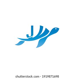 Sea turtle icon with letter J logo design illustration template