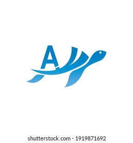 Sea turtle icon with letter A logo design illustration template