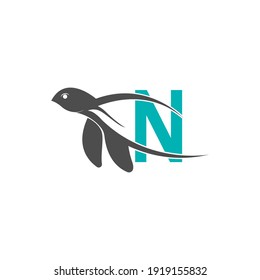 Sea turtle icon with letter N logo design illustration template