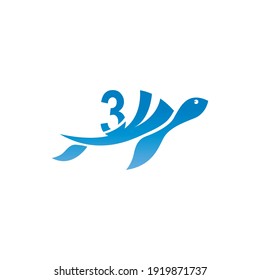 Sea turtle icon with number 3 logo design illustration template