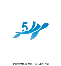 Sea turtle icon with number 5 logo design illustration template