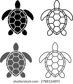 Sea turtle icon set in silhouette outline and monochrome style for wildlife and marine design