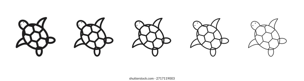 Símbolo de icono de tortuga marina en línea delgada, contorno negro y estilo de trazo