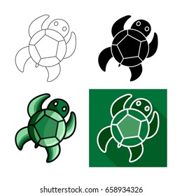 Sea turtle icon, Vector flat long shadow design.Lines turtle.Black turtle. Green turtle