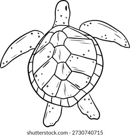 Tortuga marina ilustrada en estilo doodle con contorno negro limpio. Animal marino amistoso conveniente para los diseños temáticos del océano, los proyectos de los niños y los visuales educativos.