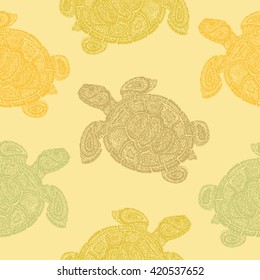 Sea turtle illustration in paisley mehndi style wallpaper pattern. The tortoise reptile animal. Tattoo style tortoise-shell. Turtle in decorative doodle style.