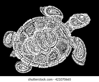 Sea turtle illustration in paisley mehndi style. The tortoise reptile animal. Tattoo style tortoise-shell. Turtle in decorative doodle style. Black and white color.