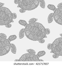 Sea turtle illustration in paisley mehndi style wallpaper pattern. The tortoise reptile animal. Tattoo style tortoise-shell. Turtle in decorative doodle style.