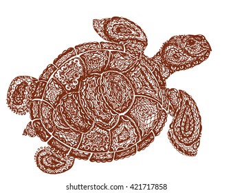 Sea turtle illustration in paisley mehndi style. The tortoise reptile animal. Tattoo style tortoise-shell. Turtle in decorative doodle style.
