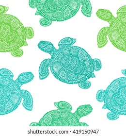 Sea turtle illustration pattern. Paisley mehndi style. The tortoise reptile animals. Tattoo style tortoise-shel. Decorative doodle style.