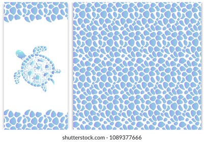 Sea turtle. Imitation of pebbles seamless pattern and frame.