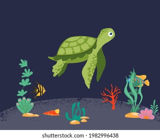 A sea turtle isolated on a dark background. A joyful marine reptile, a charming underwater animal. Cute turtle and coral reef with fish. Underwater marine life. Vector illustration