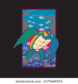 sea turtle with japanese style background illustration logo