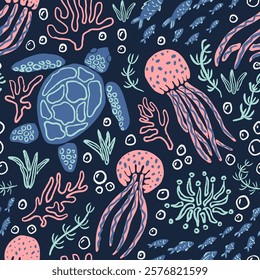 Sea turtle with jellyfish, corals and underwater plants seamless pattern. Beach, vacation, tropical background. Fun bold sea world repeat pattern.