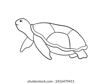 Sea turtle in line art style. Swimming silhouette of undersea animal in hand drawn style. Vector illustration isolated on a white background.