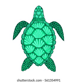 Sea turtle in line art style. Hand drawn vector illustration. Top view. Design for coloring book