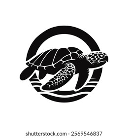 Sea turtle logo design vector illustration template black and white hand draw