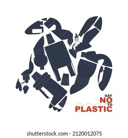 Sea turtle made from plastic trash. Say no to plastic call. Eco banner. Flat vector illustration.