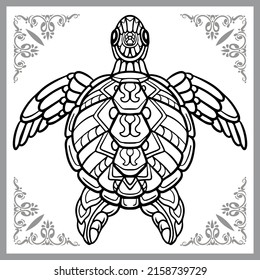 artes de zentangle de las tortugas marinas. aislado en el fondo negro.