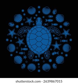 Sea Turtle Mandala Line Art Ocean Wildlife Vector Design for T-Shirts, Stickers