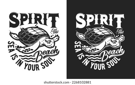 Sea turtle mascot. Diving sport club t-shirt print. Surfing, swimming and scuba diving, summer vacation beach activity vector symbol, sport club emblem or tshirt custom print with ocean or sea animal