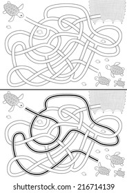 Sea turtle maze for kids with a solution in black and white