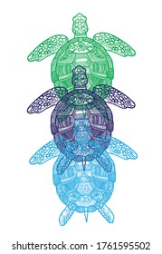 The sea turtle. Meditative coloring of antistress. Arrows, strips, scales, lines. Logo, print on the T-shirt. Children's painting, drawing by hand. 
