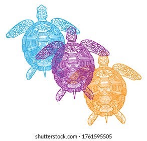 The sea turtle. Meditative coloring of antistress. Arrows, strips, scales, lines. Logo, print on the T-shirt. Children's painting, drawing by hand. 