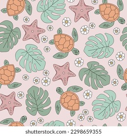 Sea turtle, monstera leaf, starfish, tiny flowers seamless pattern vector seamless pattern. Hawaii vacation background. Retro surface design for textile, scrap book 