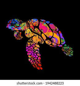 Sea turtle in multicolor psychedelic colors. Isolated on a black background. Trendy modern print. Color tattoo. Environmental Protection