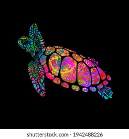 Sea turtle in multicolor psychedelic colors. Isolated on a black background. Trendy modern print. Color tattoo. Environmental Protection