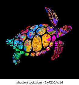 Sea turtle in multicolor psychedelic colors. Isolated on a black background. Trendy modern print. Color tattoo. Environmental Protection