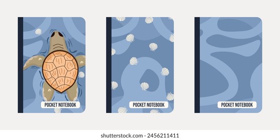 Sea turtle notebook cover collection, seabed, shell. vector Design for planner, cover, fabric, decoration, stationery.