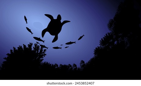 Sea turtle in the ocean, flat color illustration