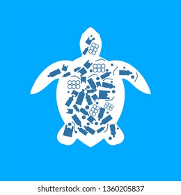 sea turtle ocean plastic pollution. Ecological poster. Whale composed of white plastic waste bag, bottle on blue background.