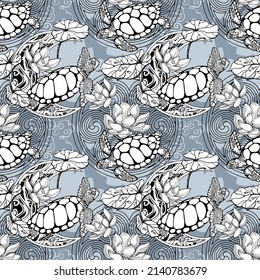 Sea turtle with ocean waves and lotus flowers and leaves in the style of boho - seamless pattern. Environmental Protection. Esoteric symbols, totem animal